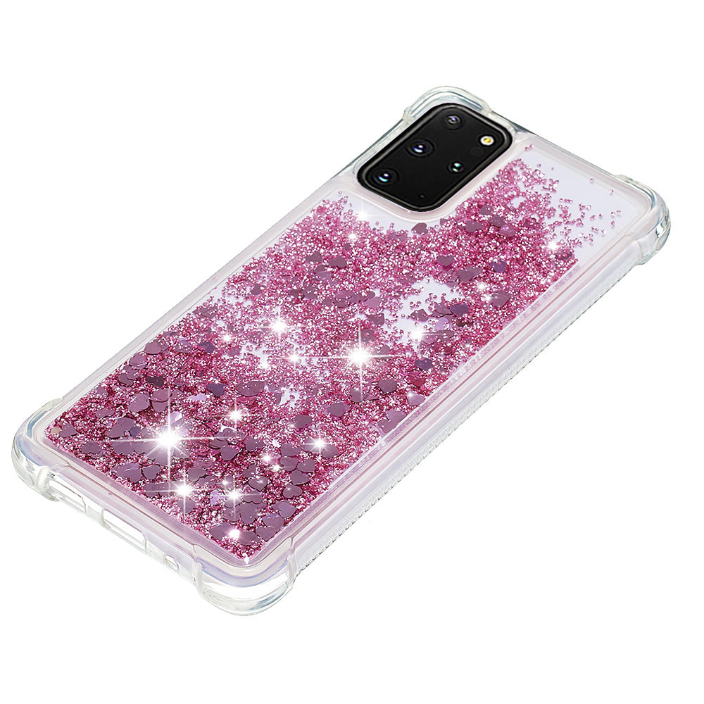 Well-protected Soft TPU Flowing Quicksand Phone Cover Case for Samsung Galaxy S20 Plus 4G/5G - Rose Gold Hearts