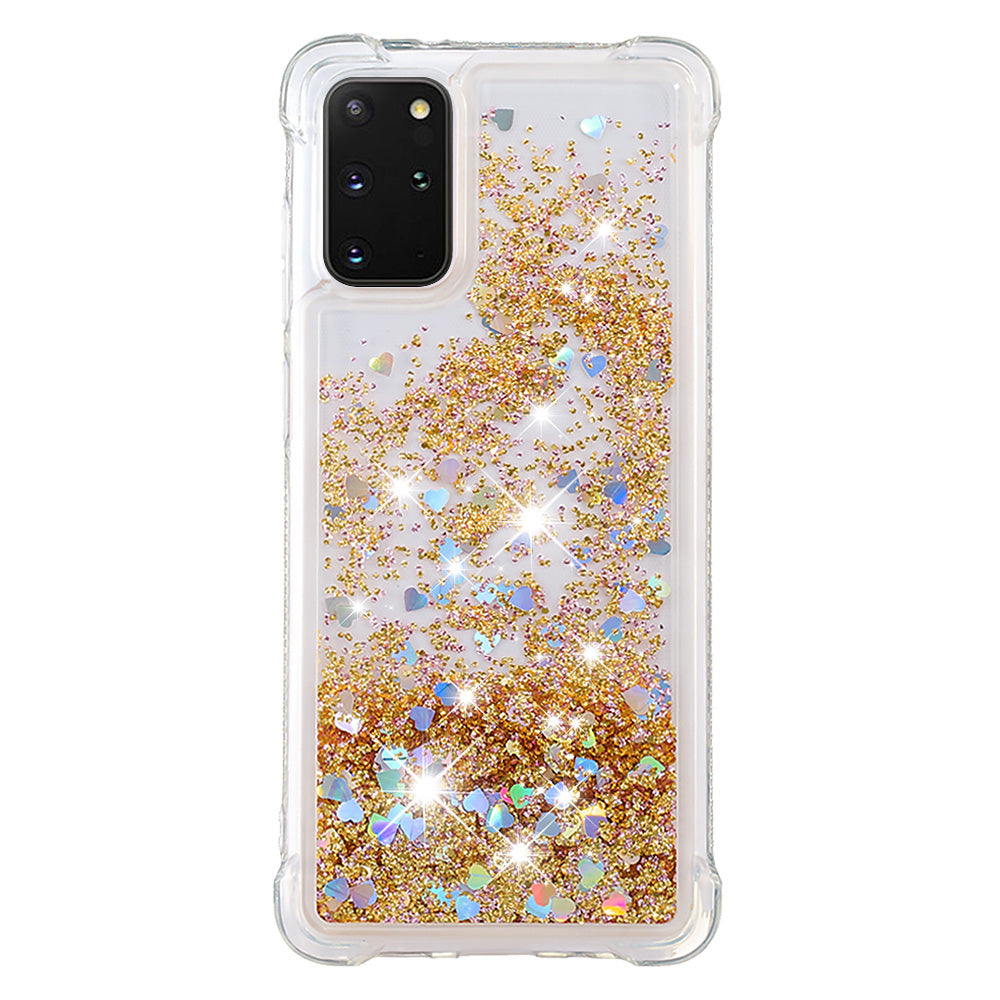 Well-protected Soft TPU Flowing Quicksand Phone Cover Case for Samsung Galaxy S20 Plus 4G/5G - Gold Hearts