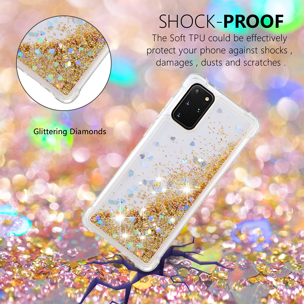 Well-protected Soft TPU Flowing Quicksand Phone Cover Case for Samsung Galaxy S20 Plus 4G/5G - Gold Hearts