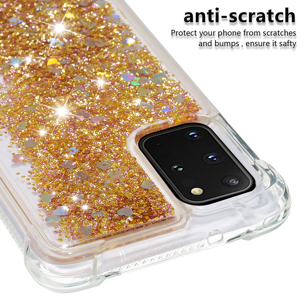 Well-protected Soft TPU Flowing Quicksand Phone Cover Case for Samsung Galaxy S20 Plus 4G/5G - Gold Hearts