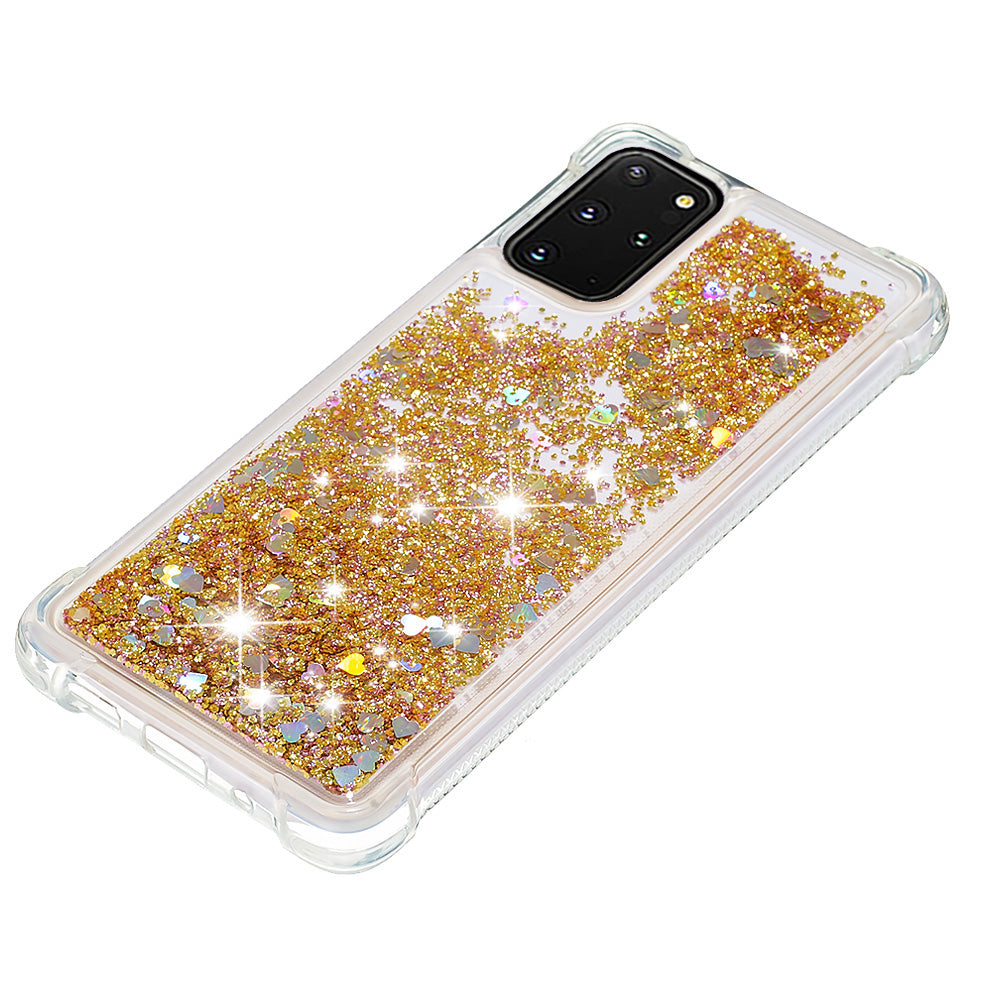 Well-protected Soft TPU Flowing Quicksand Phone Cover Case for Samsung Galaxy S20 Plus 4G/5G - Gold Hearts