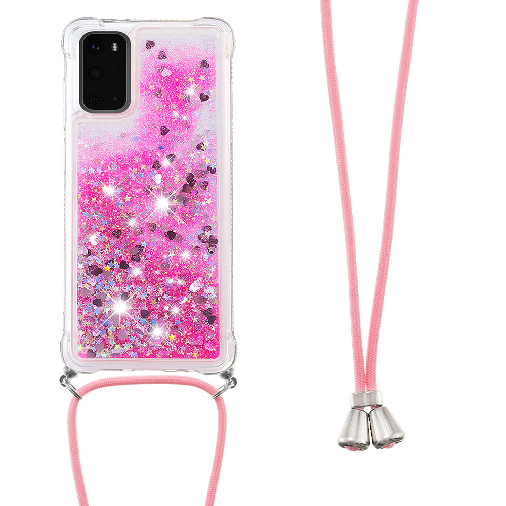 Quicksand Liquid Shiny Glitter TPU Phone Case Cover with Adjustable Lanyard for Samsung Galaxy S20 4G/S20 5G - Pink Hearts