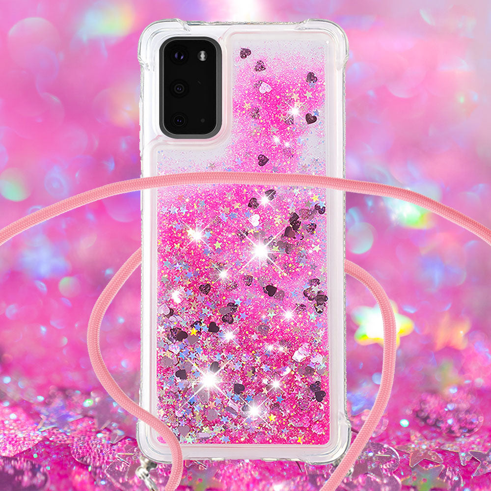 Quicksand Liquid Shiny Glitter TPU Phone Case Cover with Adjustable Lanyard for Samsung Galaxy S20 4G/S20 5G - Pink Hearts