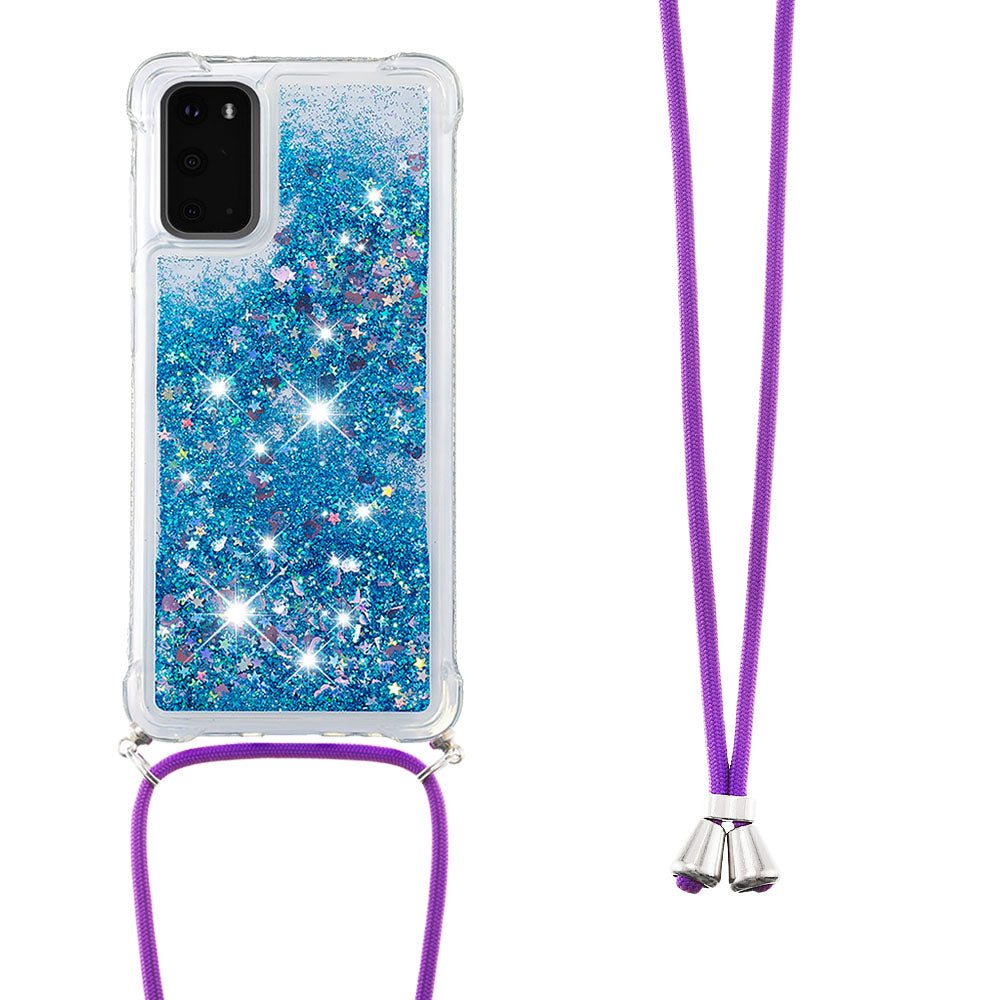 Quicksand Liquid Shiny Glitter TPU Phone Case Cover with Adjustable Lanyard for Samsung Galaxy S20 4G/S20 5G - Blue Hearts