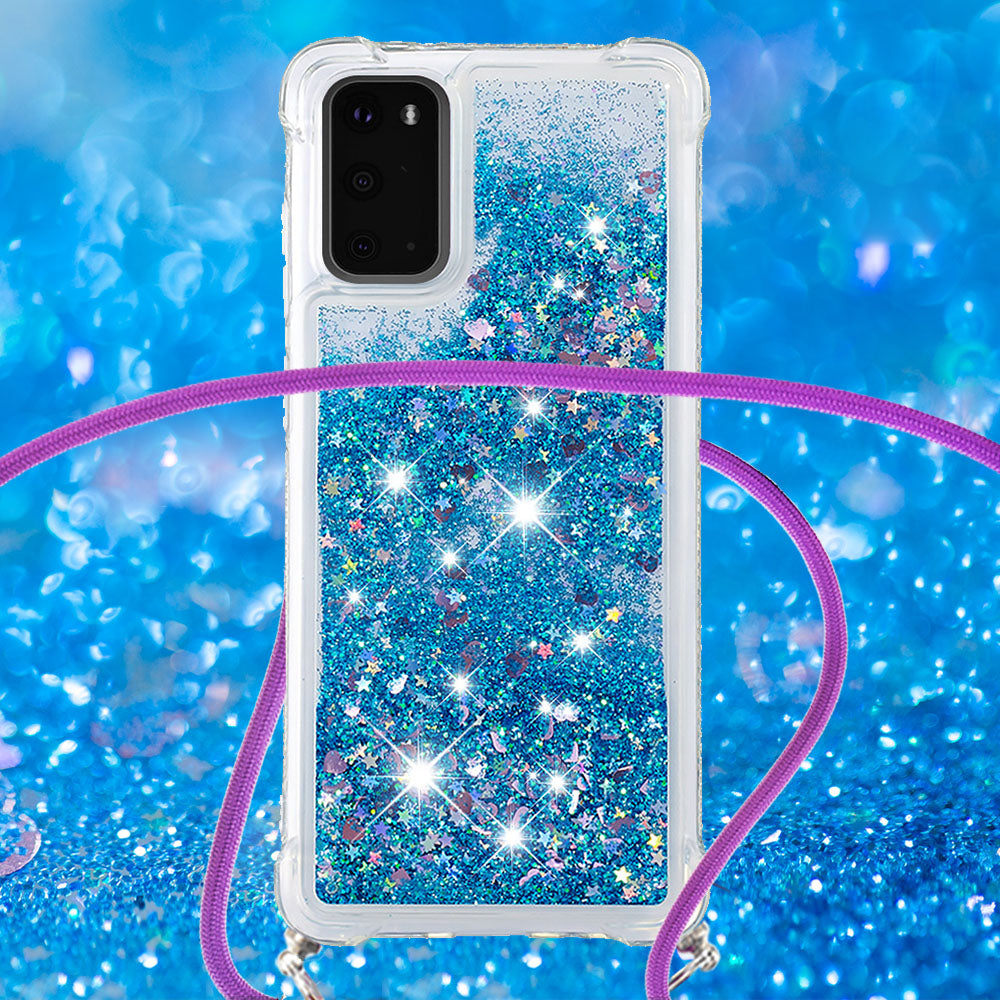 Quicksand Liquid Shiny Glitter TPU Phone Case Cover with Adjustable Lanyard for Samsung Galaxy S20 4G/S20 5G - Blue Hearts