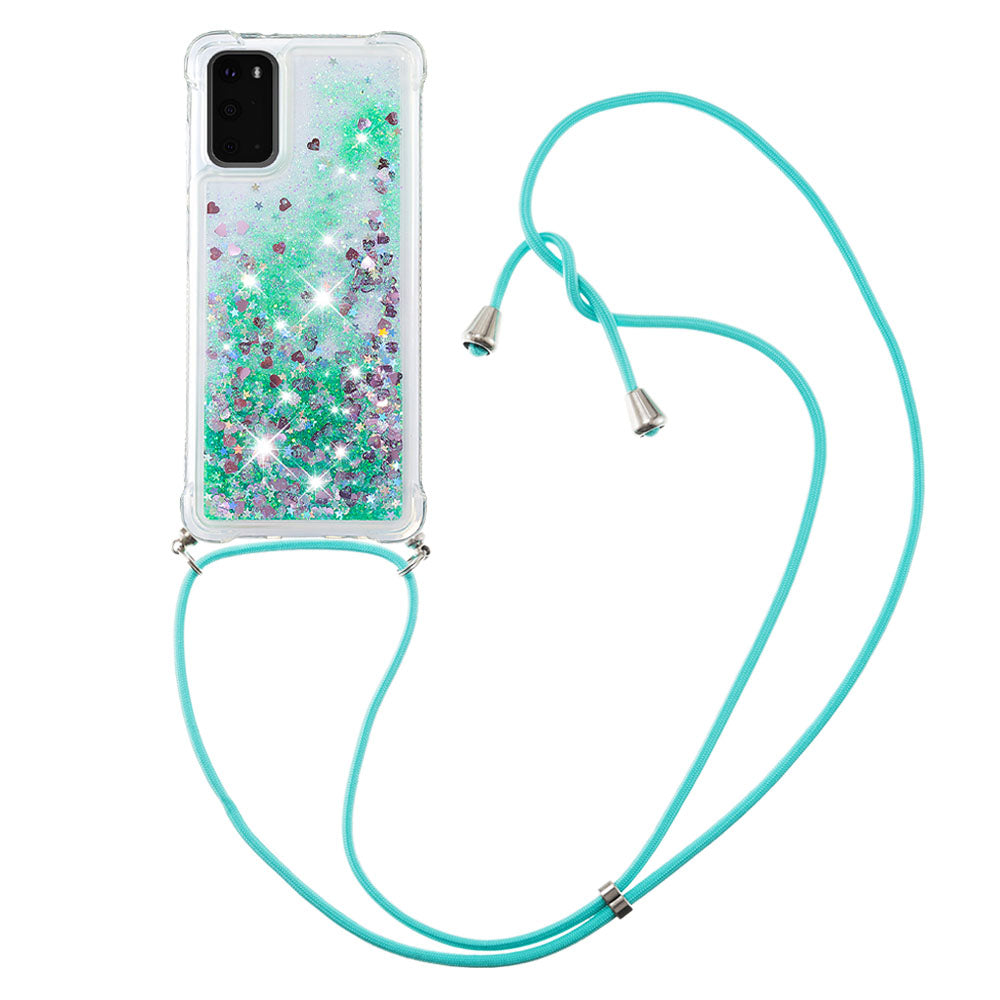 Quicksand Liquid Shiny Glitter TPU Phone Case Cover with Adjustable Lanyard for Samsung Galaxy S20 4G/S20 5G - Green Hearts