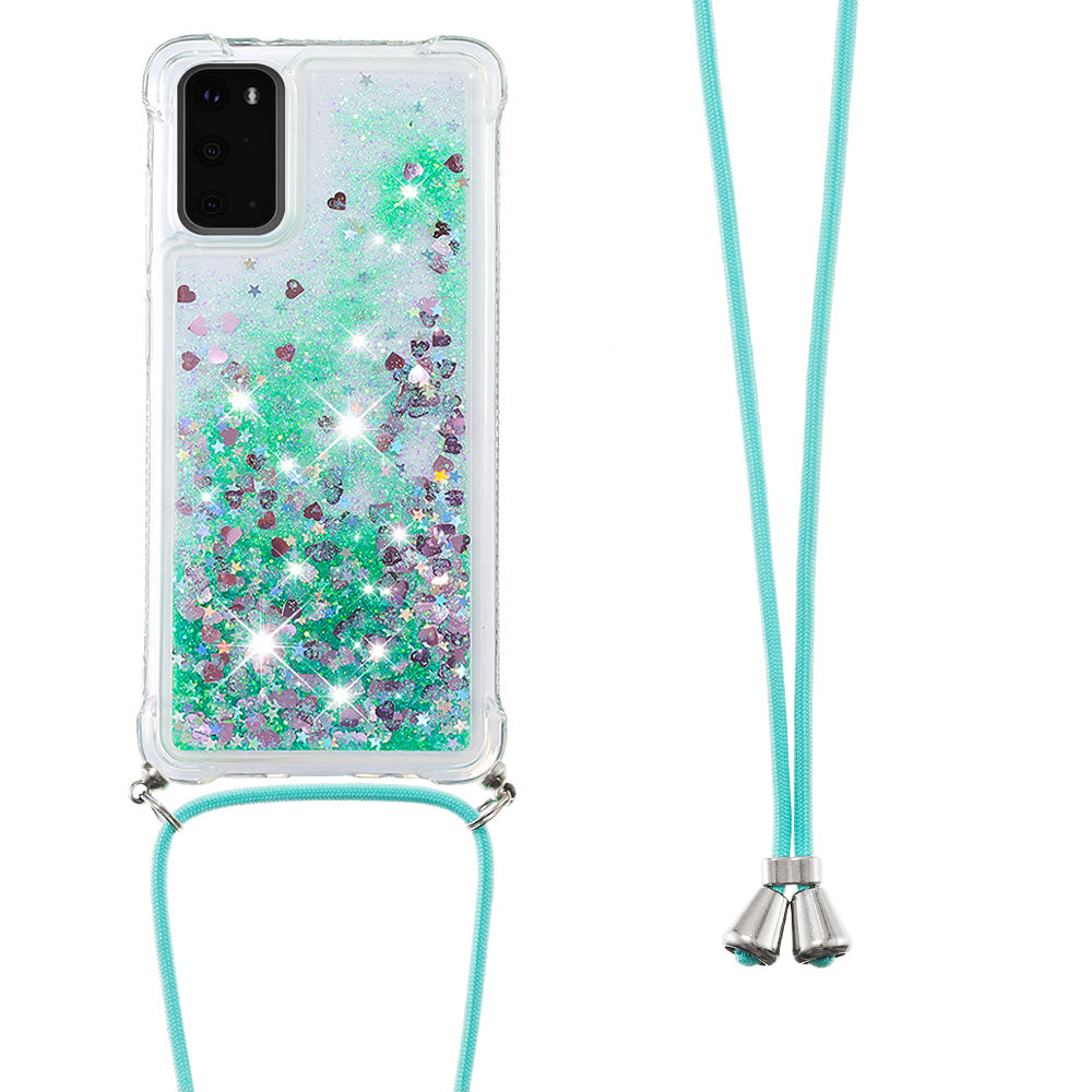 Quicksand Liquid Shiny Glitter TPU Phone Case Cover with Adjustable Lanyard for Samsung Galaxy S20 4G/S20 5G - Green Hearts