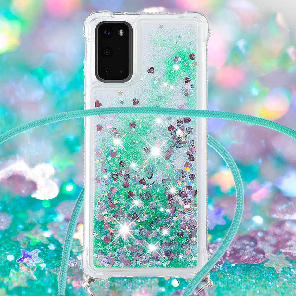 Quicksand Liquid Shiny Glitter TPU Phone Case Cover with Adjustable Lanyard for Samsung Galaxy S20 4G/S20 5G - Green Hearts