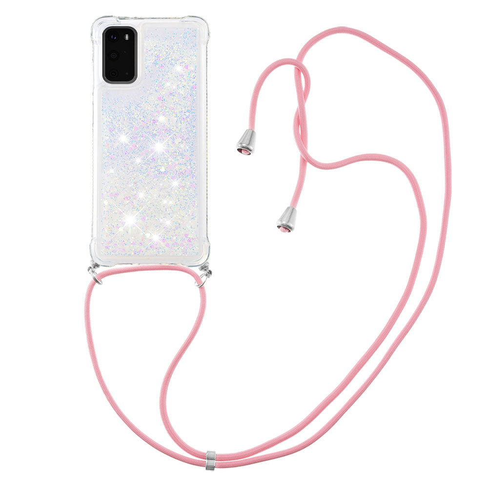 Quicksand Liquid Shiny Glitter TPU Phone Case Cover with Adjustable Lanyard for Samsung Galaxy S20 4G/S20 5G - Shiny Hearts