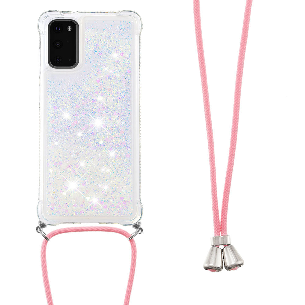 Quicksand Liquid Shiny Glitter TPU Phone Case Cover with Adjustable Lanyard for Samsung Galaxy S20 4G/S20 5G - Shiny Hearts