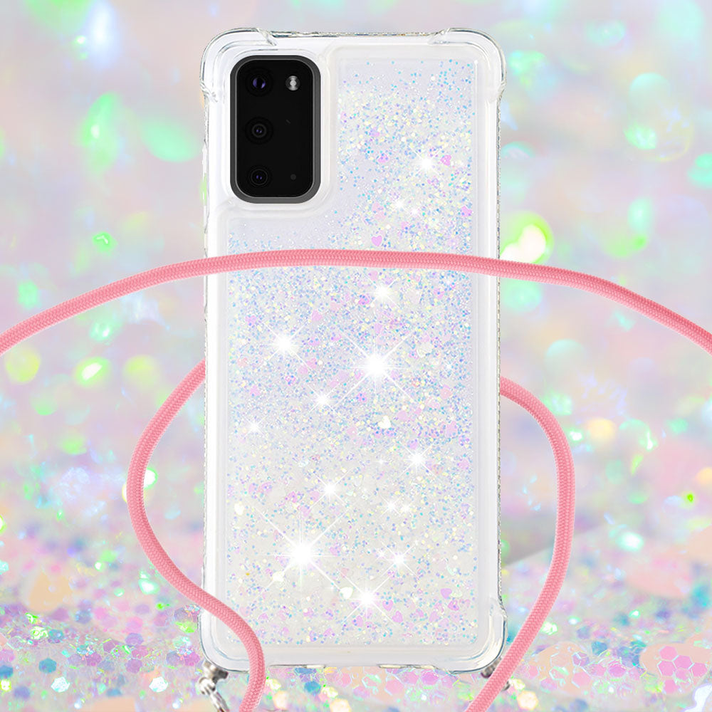 Quicksand Liquid Shiny Glitter TPU Phone Case Cover with Adjustable Lanyard for Samsung Galaxy S20 4G/S20 5G - Shiny Hearts