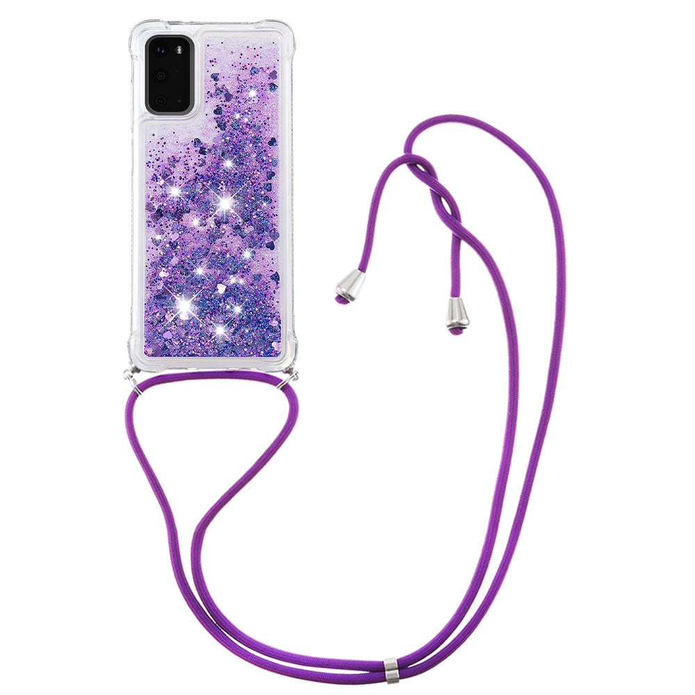 Quicksand Liquid Shiny Glitter TPU Phone Case Cover with Adjustable Lanyard for Samsung Galaxy S20 4G/S20 5G - Dark Purple Hearts