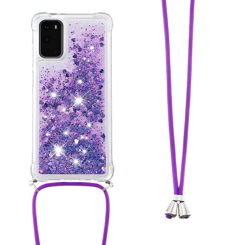 Quicksand Liquid Shiny Glitter TPU Phone Case Cover with Adjustable Lanyard for Samsung Galaxy S20 4G/S20 5G - Dark Purple Hearts