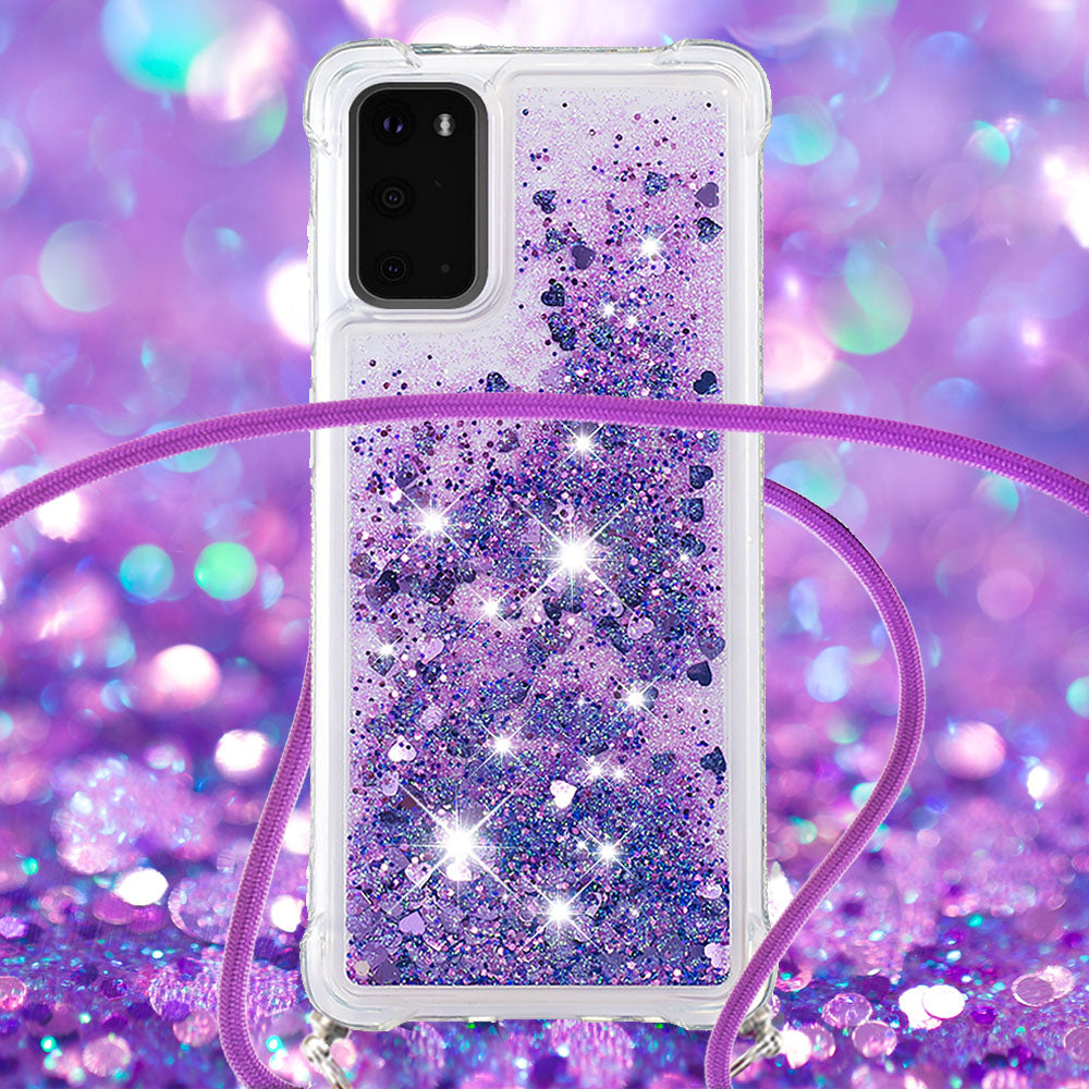 Quicksand Liquid Shiny Glitter TPU Phone Case Cover with Adjustable Lanyard for Samsung Galaxy S20 4G/S20 5G - Dark Purple Hearts