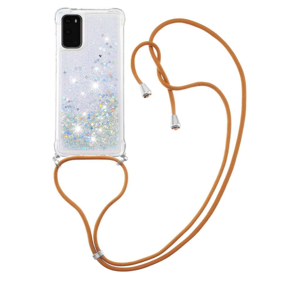 Quicksand Liquid Shiny Glitter TPU Phone Case Cover with Adjustable Lanyard for Samsung Galaxy S20 4G/S20 5G - Silver Hearts