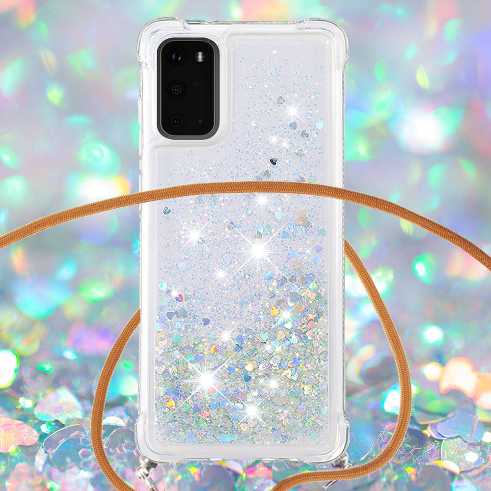 Quicksand Liquid Shiny Glitter TPU Phone Case Cover with Adjustable Lanyard for Samsung Galaxy S20 4G/S20 5G - Silver Hearts