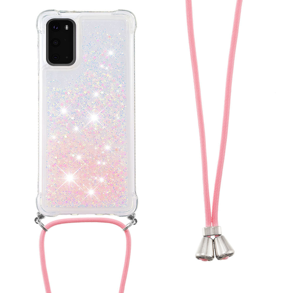 Quicksand Liquid Shiny Glitter TPU Phone Case Cover with Adjustable Lanyard for Samsung Galaxy S20 4G/S20 5G - Silver Pink Stars