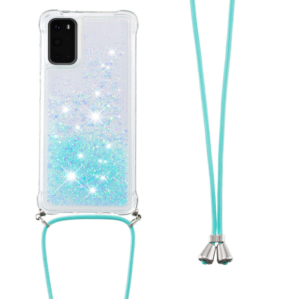 Quicksand Liquid Shiny Glitter TPU Phone Case Cover with Adjustable Lanyard for Samsung Galaxy S20 4G/S20 5G - Silver Blue Stars