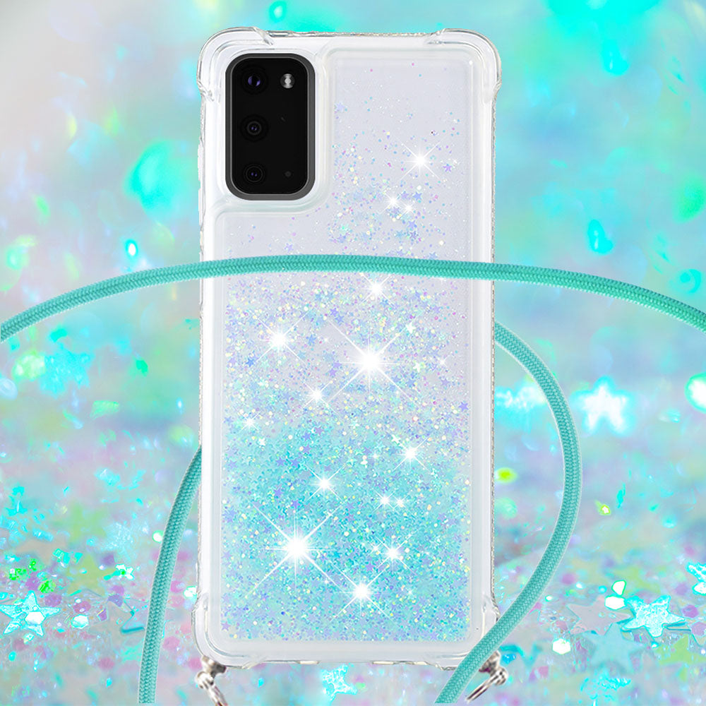 Quicksand Liquid Shiny Glitter TPU Phone Case Cover with Adjustable Lanyard for Samsung Galaxy S20 4G/S20 5G - Silver Blue Stars