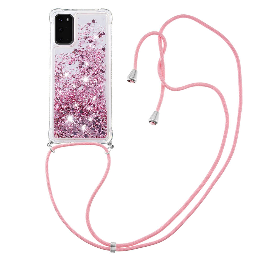 Quicksand Liquid Shiny Glitter TPU Phone Case Cover with Adjustable Lanyard for Samsung Galaxy S20 4G/S20 5G - Rose Gold Hearts