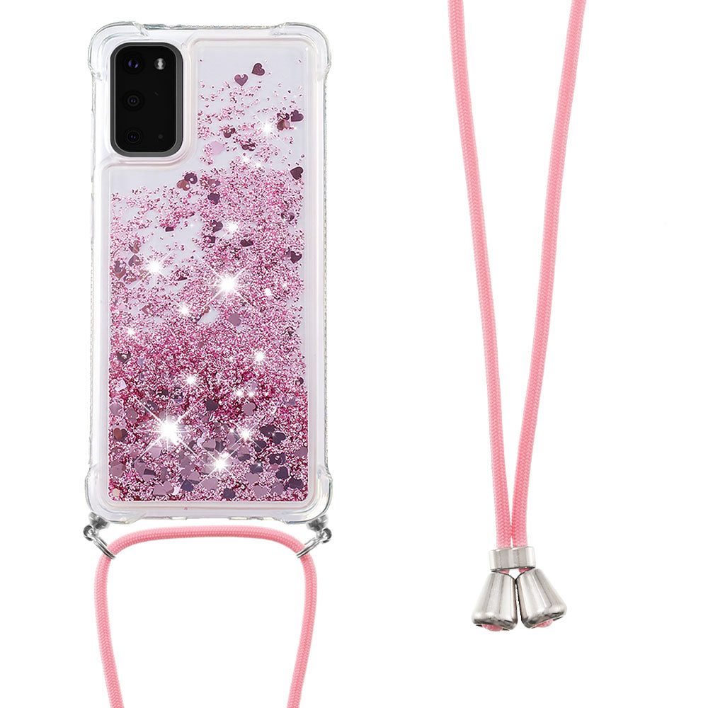 Quicksand Liquid Shiny Glitter TPU Phone Case Cover with Adjustable Lanyard for Samsung Galaxy S20 4G/S20 5G - Rose Gold Hearts