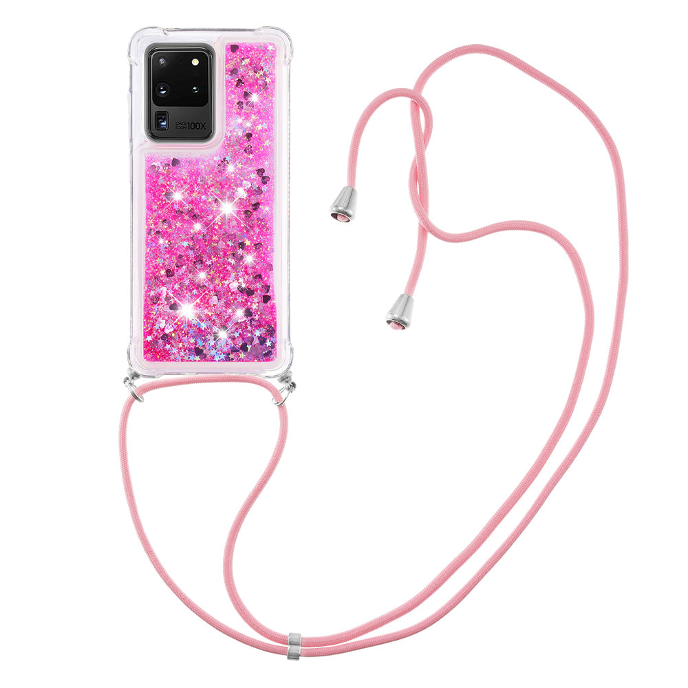 Cute Bling Sparkle 3D Quicksand Soft TPU Protective Case with Adjustable Lanyard for Samsung Galaxy S20 Ultra - Pink Hearts