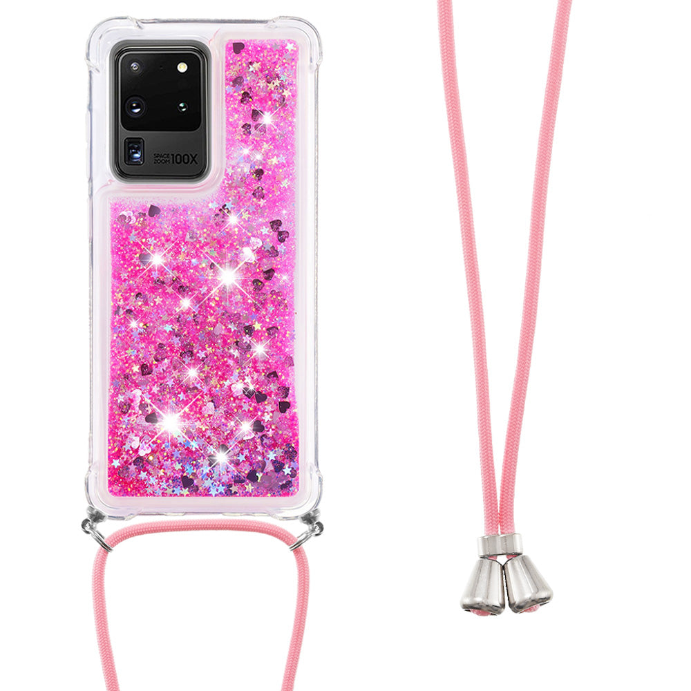 Cute Bling Sparkle 3D Quicksand Soft TPU Protective Case with Adjustable Lanyard for Samsung Galaxy S20 Ultra - Pink Hearts