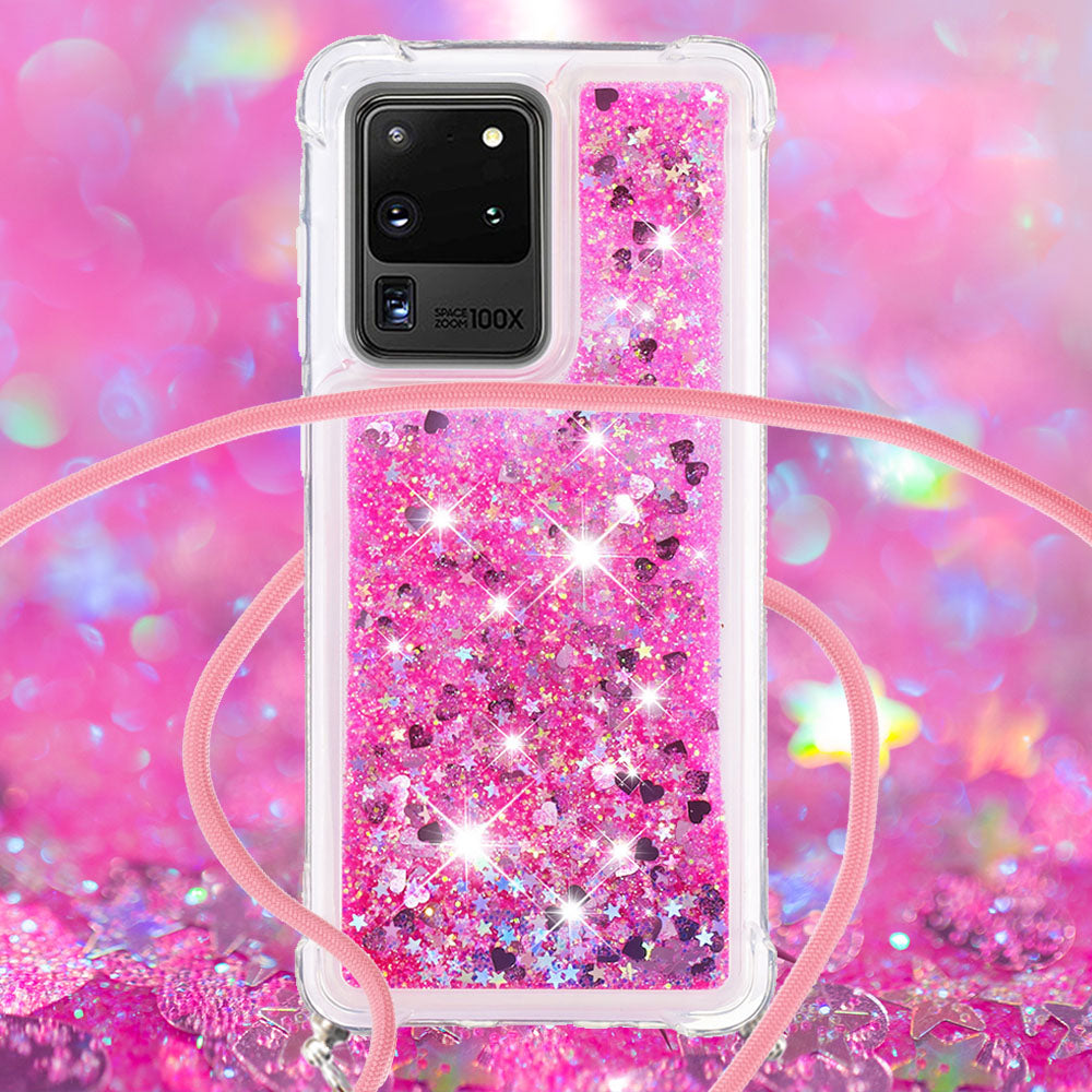 Cute Bling Sparkle 3D Quicksand Soft TPU Protective Case with Adjustable Lanyard for Samsung Galaxy S20 Ultra - Pink Hearts