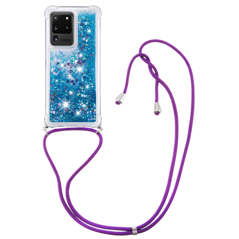 Cute Bling Sparkle 3D Quicksand Soft TPU Protective Case with Adjustable Lanyard for Samsung Galaxy S20 Ultra - Blue Hearts