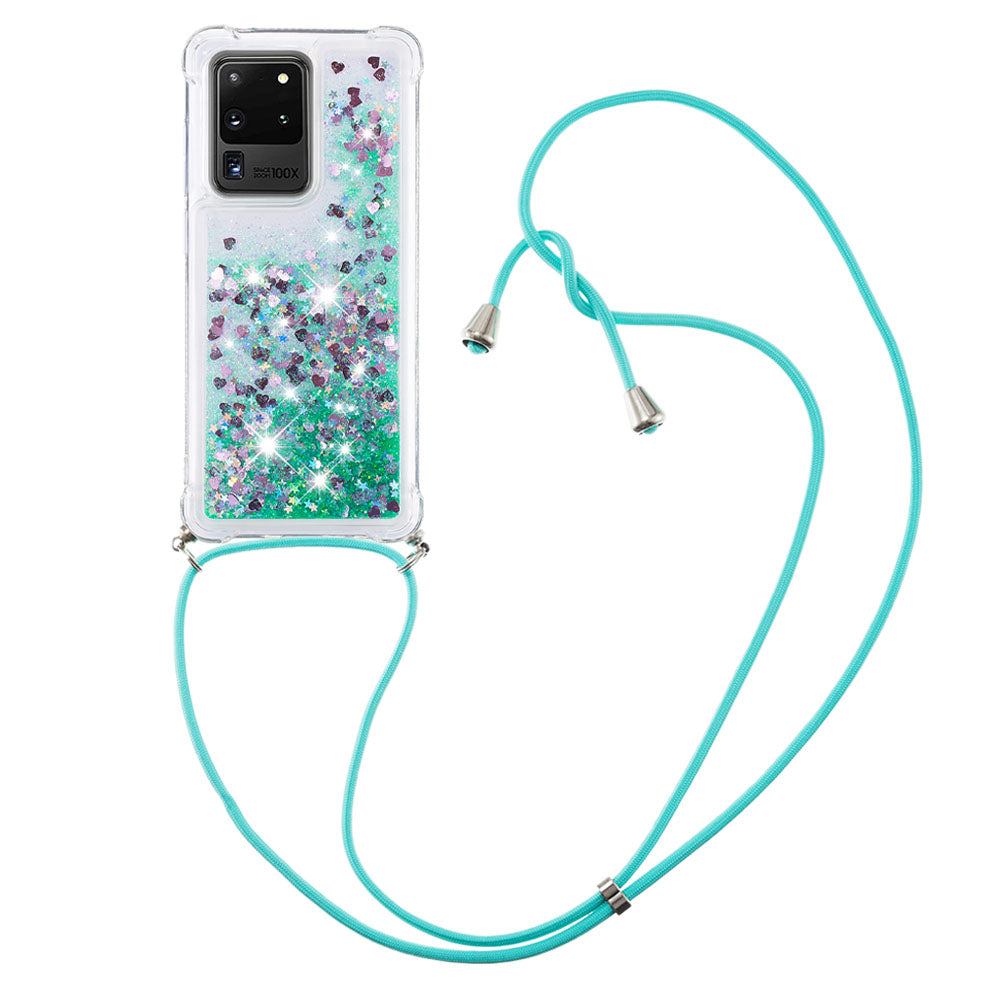 Cute Bling Sparkle 3D Quicksand Soft TPU Protective Case with Adjustable Lanyard for Samsung Galaxy S20 Ultra - Green Hearts