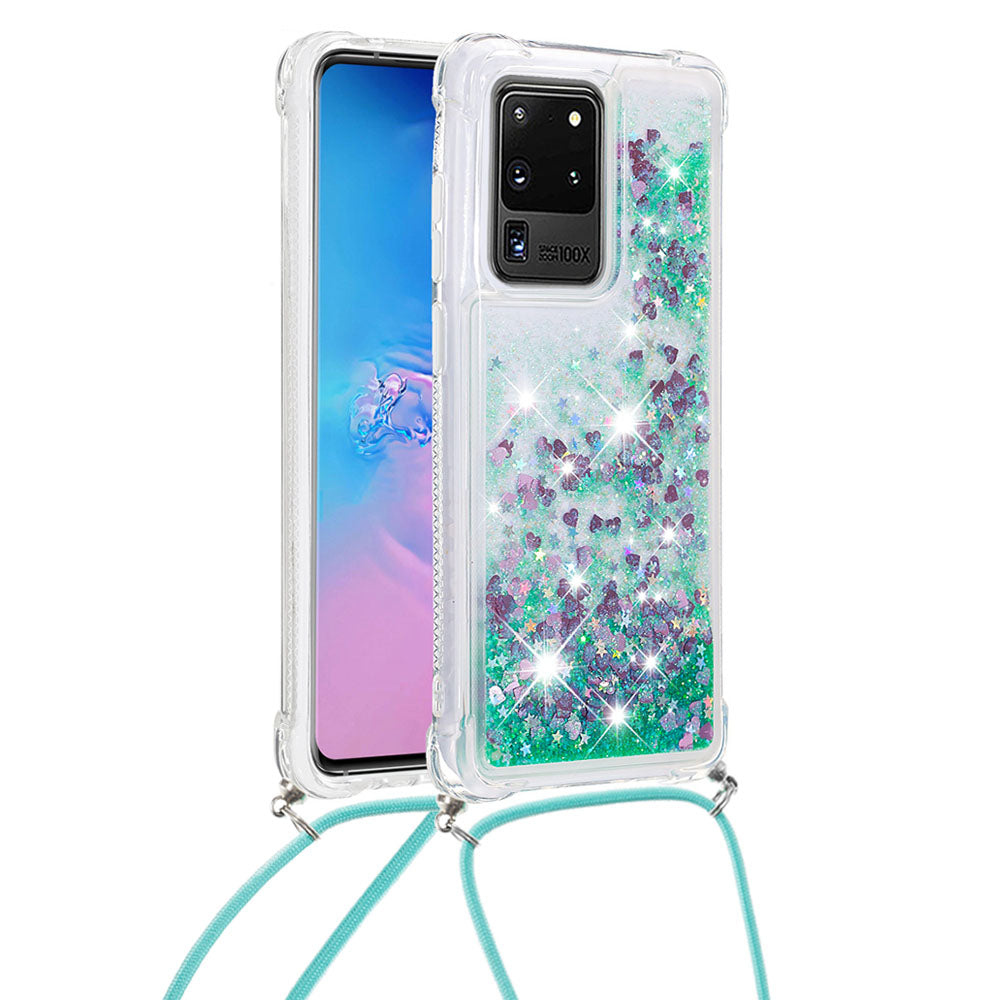 Cute Bling Sparkle 3D Quicksand Soft TPU Protective Case with Adjustable Lanyard for Samsung Galaxy S20 Ultra - Green Hearts