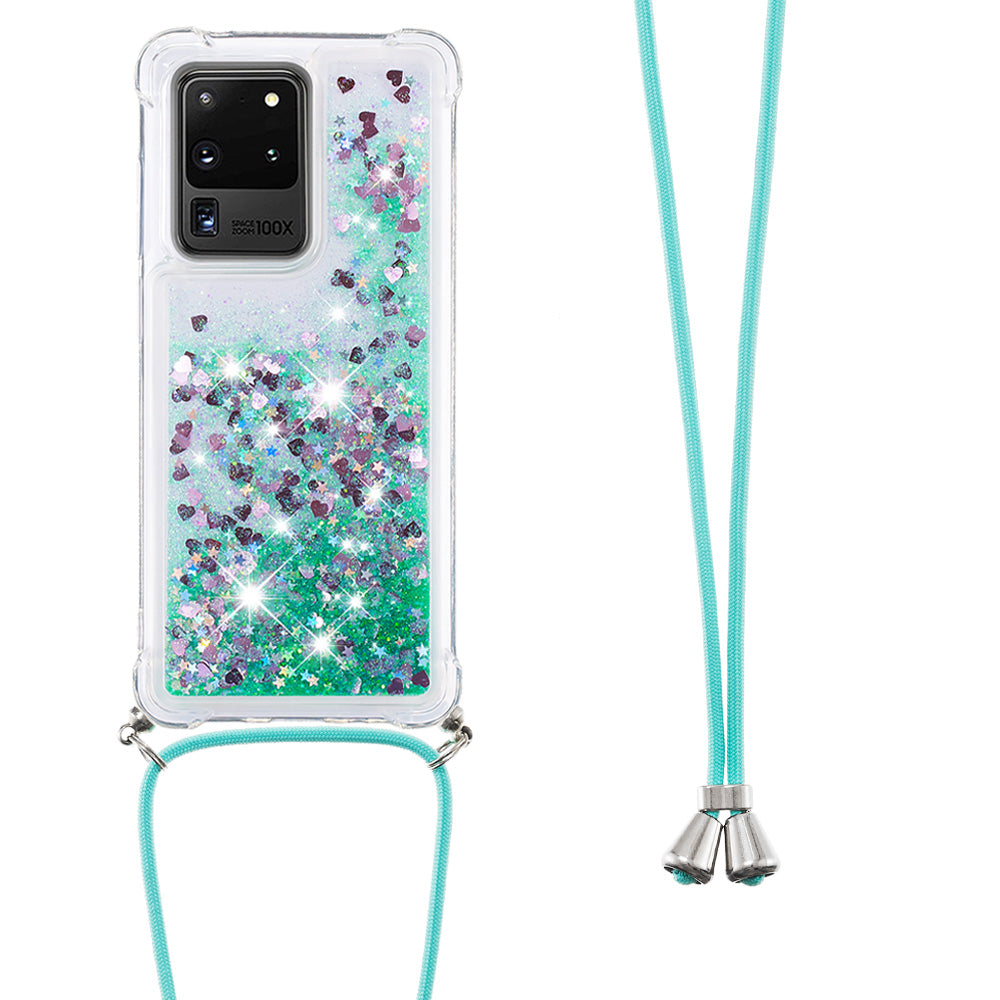 Cute Bling Sparkle 3D Quicksand Soft TPU Protective Case with Adjustable Lanyard for Samsung Galaxy S20 Ultra - Green Hearts