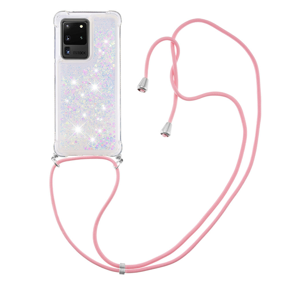 Cute Bling Sparkle 3D Quicksand Soft TPU Protective Case with Adjustable Lanyard for Samsung Galaxy S20 Ultra - Shiny Hearts