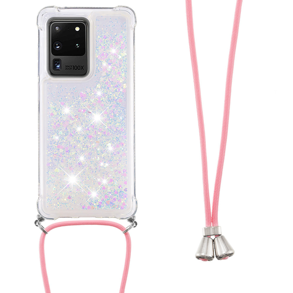 Cute Bling Sparkle 3D Quicksand Soft TPU Protective Case with Adjustable Lanyard for Samsung Galaxy S20 Ultra - Shiny Hearts