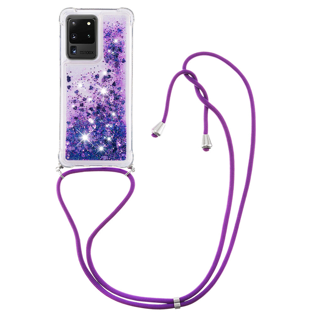 Cute Bling Sparkle 3D Quicksand Soft TPU Protective Case with Adjustable Lanyard for Samsung Galaxy S20 Ultra - Dark Purple Hearts