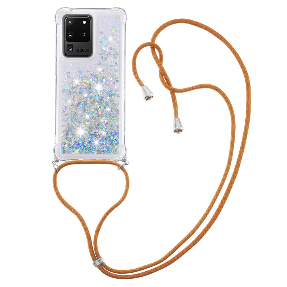 Cute Bling Sparkle 3D Quicksand Soft TPU Protective Case with Adjustable Lanyard for Samsung Galaxy S20 Ultra - Silver Hearts