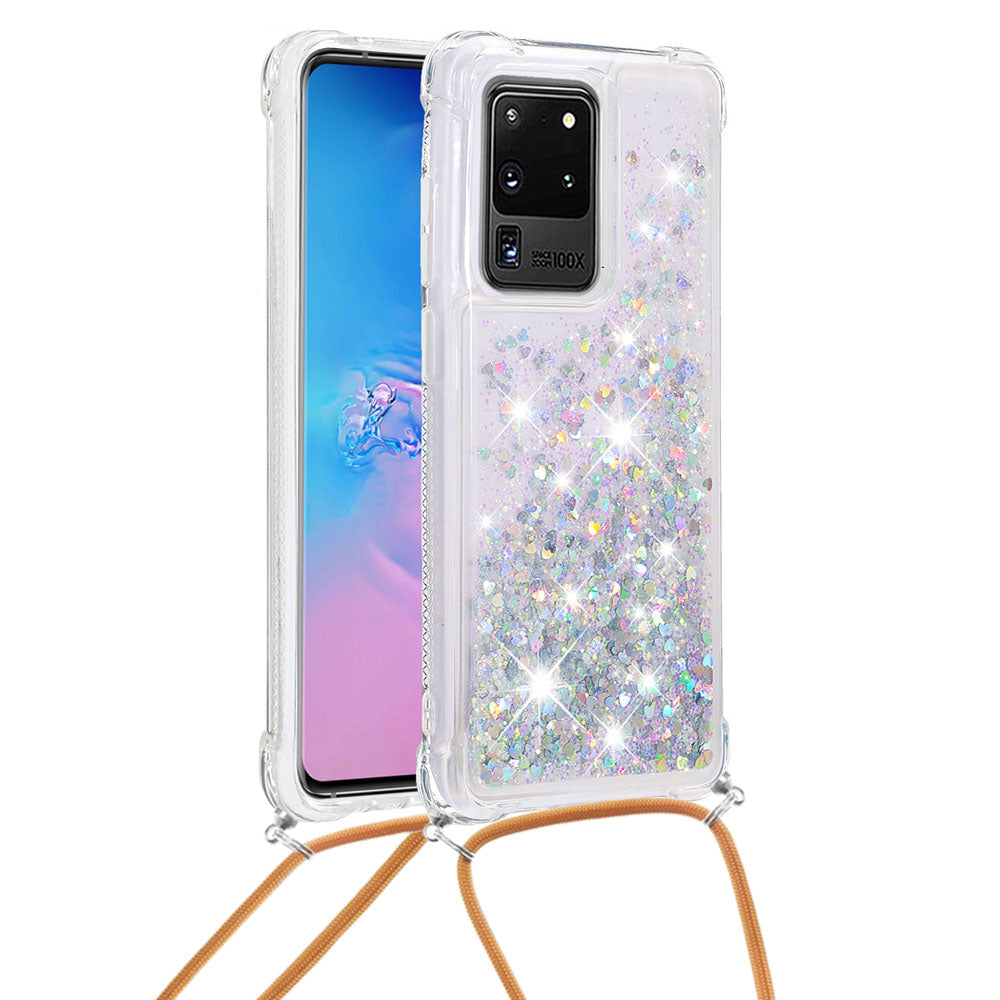 Cute Bling Sparkle 3D Quicksand Soft TPU Protective Case with Adjustable Lanyard for Samsung Galaxy S20 Ultra - Silver Hearts