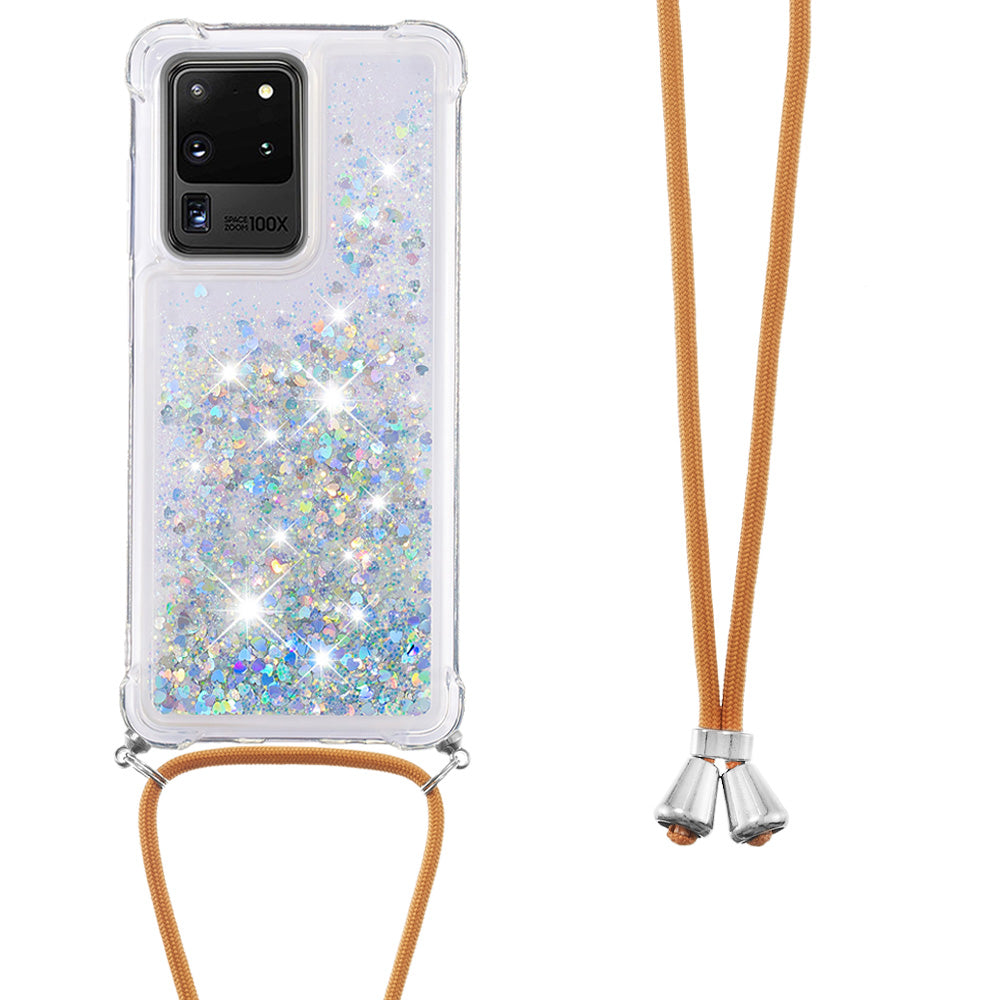 Cute Bling Sparkle 3D Quicksand Soft TPU Protective Case with Adjustable Lanyard for Samsung Galaxy S20 Ultra - Silver Hearts