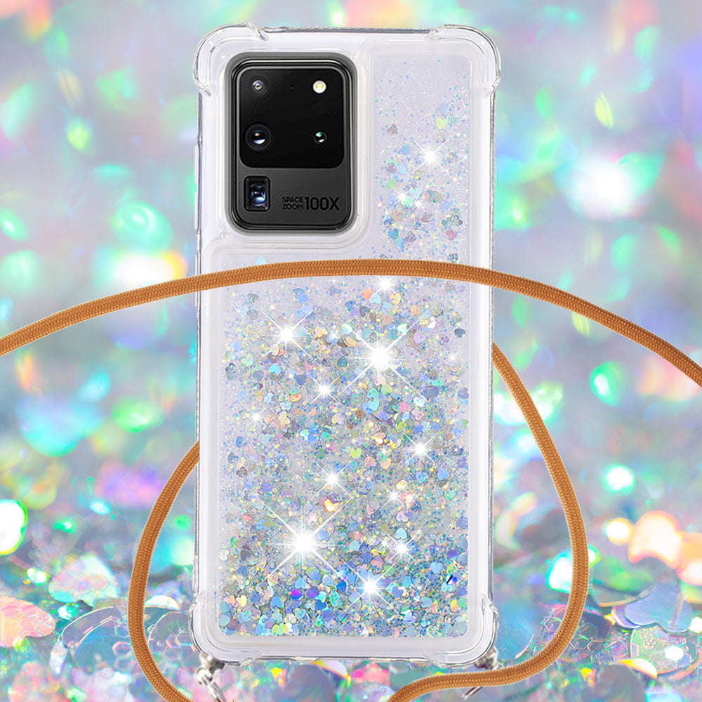 Cute Bling Sparkle 3D Quicksand Soft TPU Protective Case with Adjustable Lanyard for Samsung Galaxy S20 Ultra - Silver Hearts