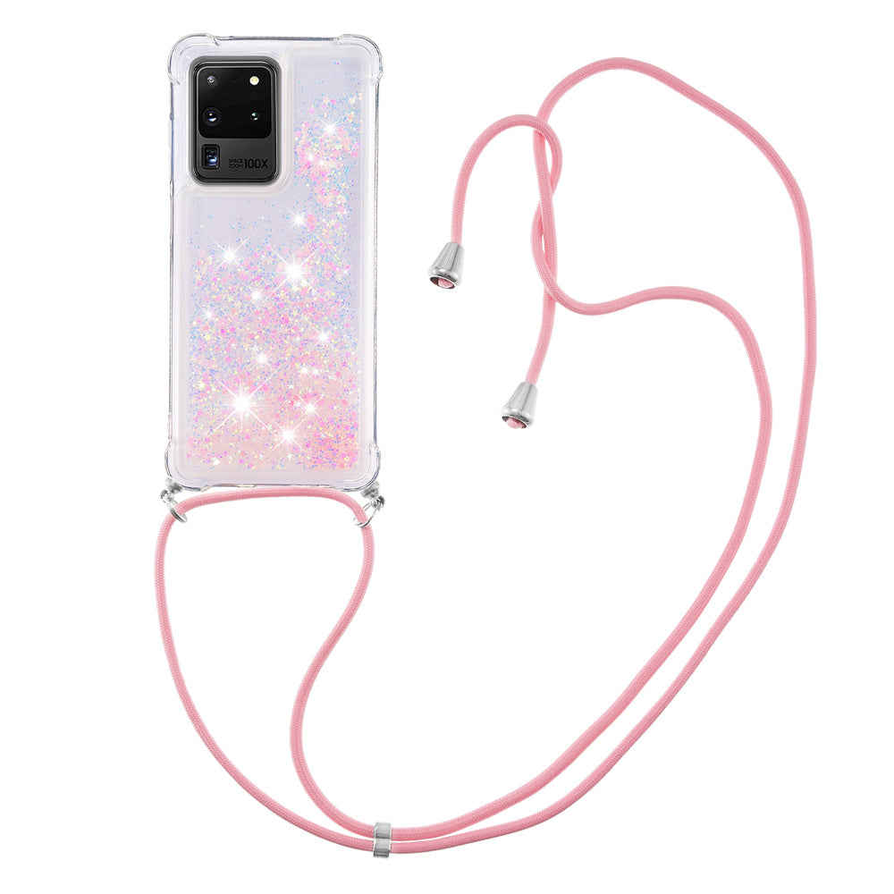 Cute Bling Sparkle 3D Quicksand Soft TPU Protective Case with Adjustable Lanyard for Samsung Galaxy S20 Ultra - Pink Pentagram