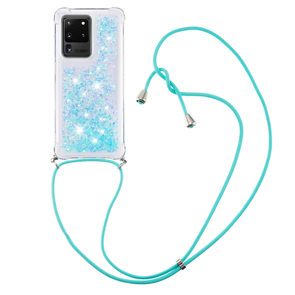 Cute Bling Sparkle 3D Quicksand Soft TPU Protective Case with Adjustable Lanyard for Samsung Galaxy S20 Ultra - Blue Pentagram