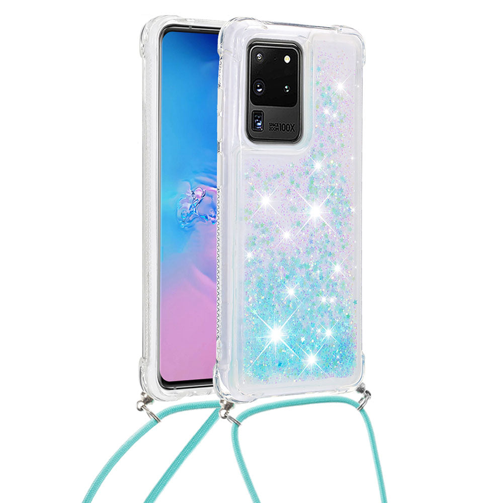 Cute Bling Sparkle 3D Quicksand Soft TPU Protective Case with Adjustable Lanyard for Samsung Galaxy S20 Ultra - Blue Pentagram