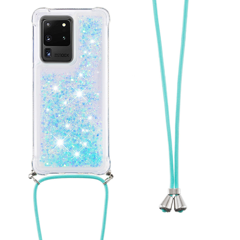 Cute Bling Sparkle 3D Quicksand Soft TPU Protective Case with Adjustable Lanyard for Samsung Galaxy S20 Ultra - Blue Pentagram