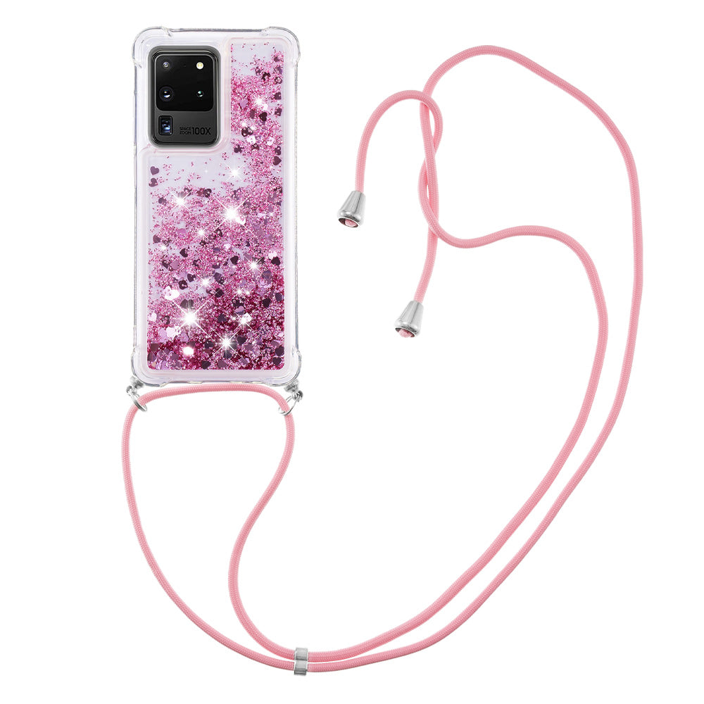 Cute Bling Sparkle 3D Quicksand Soft TPU Protective Case with Adjustable Lanyard for Samsung Galaxy S20 Ultra - Rose Gold Hearts