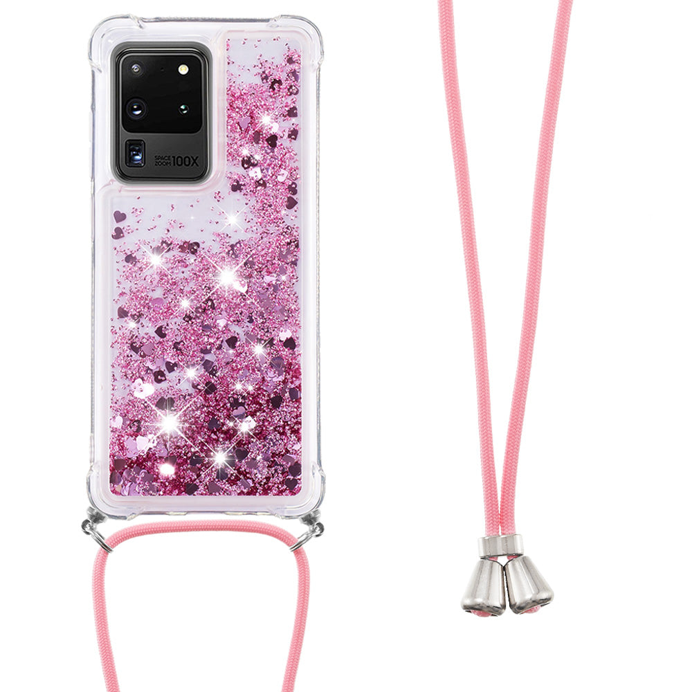 Cute Bling Sparkle 3D Quicksand Soft TPU Protective Case with Adjustable Lanyard for Samsung Galaxy S20 Ultra - Rose Gold Hearts