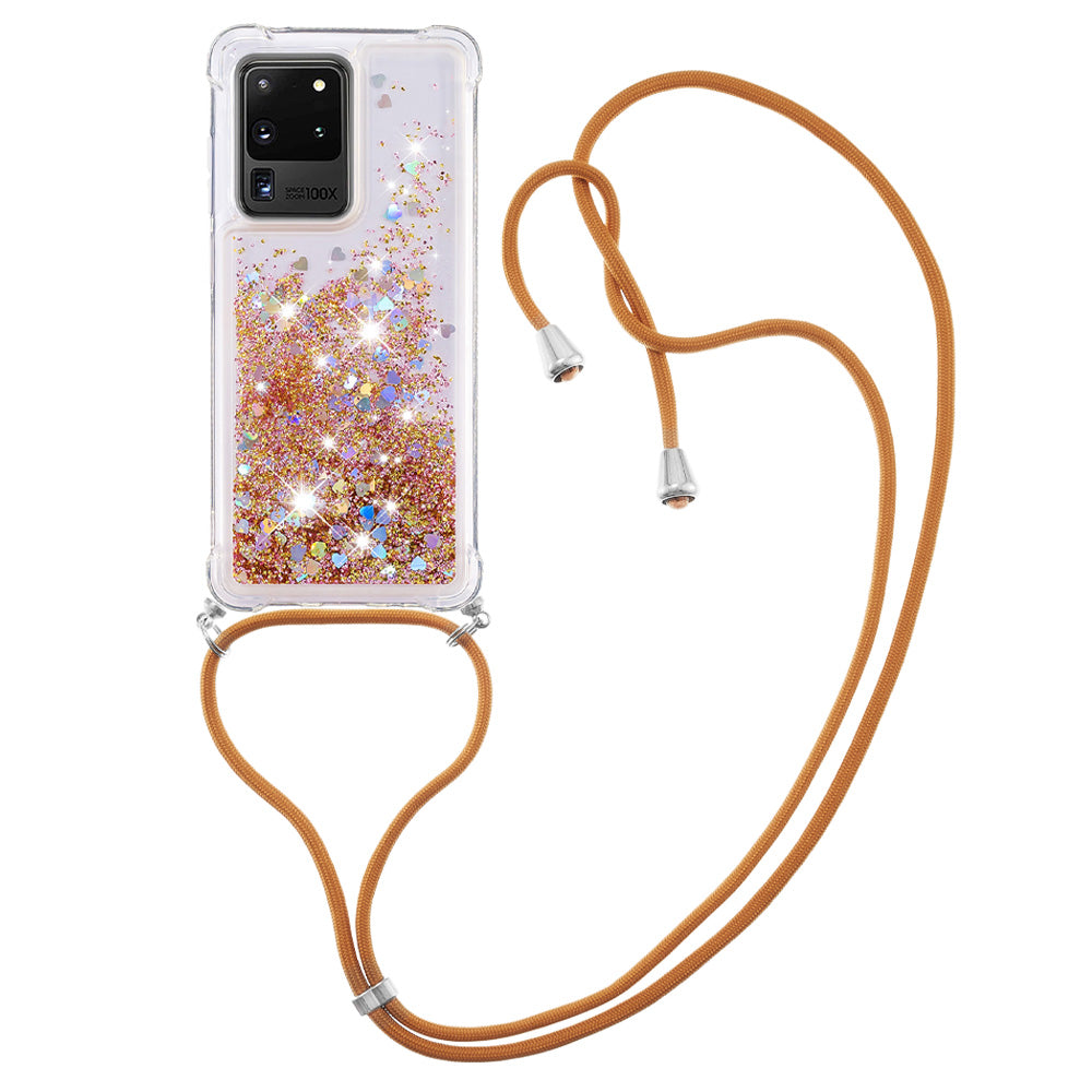 Cute Bling Sparkle 3D Quicksand Soft TPU Protective Case with Adjustable Lanyard for Samsung Galaxy S20 Ultra - Gold Hearts