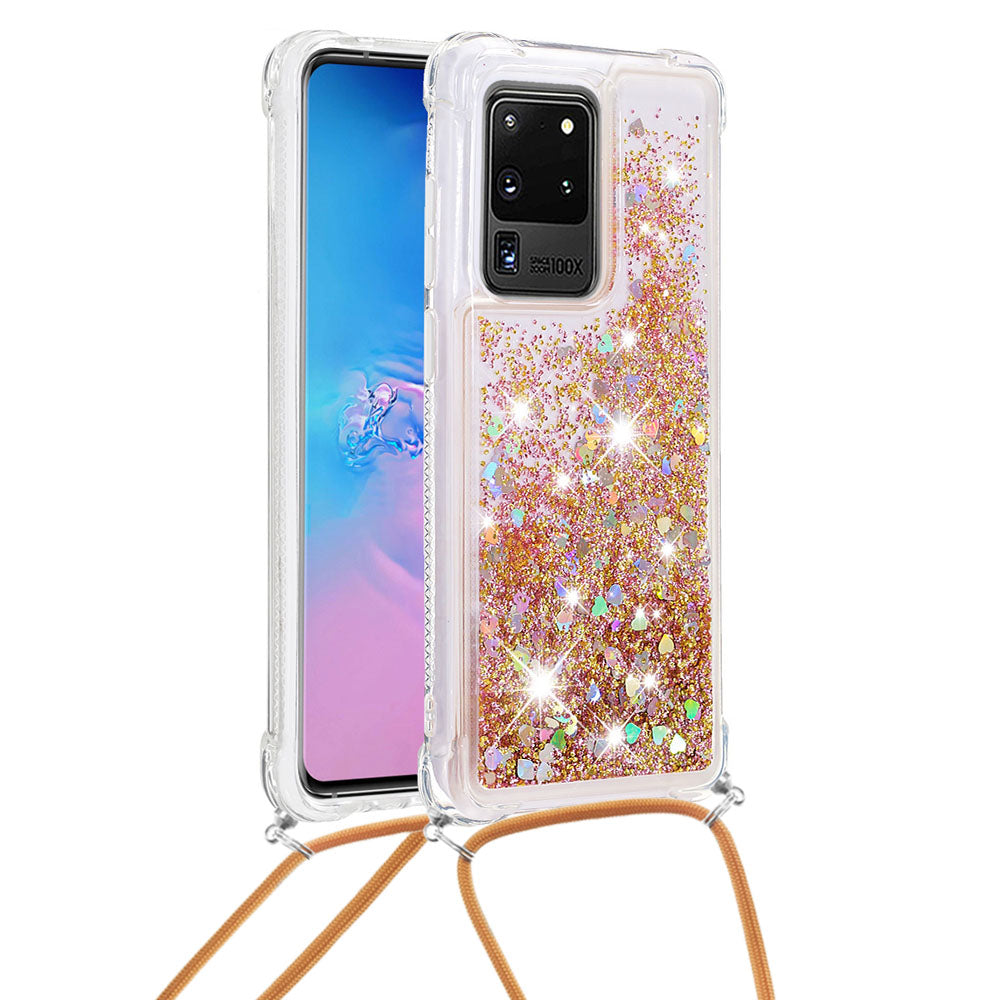 Cute Bling Sparkle 3D Quicksand Soft TPU Protective Case with Adjustable Lanyard for Samsung Galaxy S20 Ultra - Gold Hearts