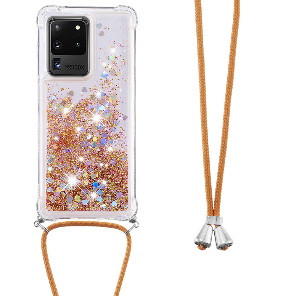 Cute Bling Sparkle 3D Quicksand Soft TPU Protective Case with Adjustable Lanyard for Samsung Galaxy S20 Ultra - Gold Hearts