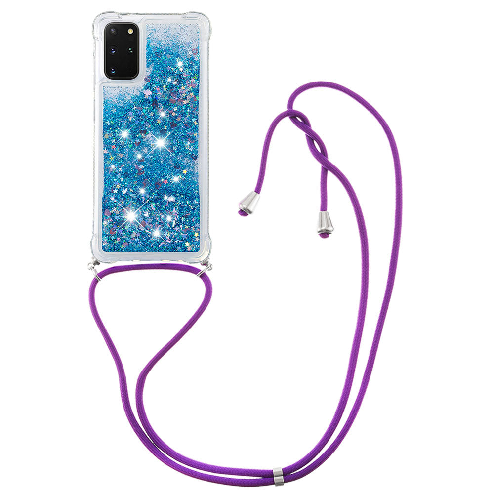 Flowing Glitter Quicksand Flexible TPU Protective Phone Case with Adjustable Lanyard for Samsung Galaxy S20 Plus 4G/5G - Blue Hearts