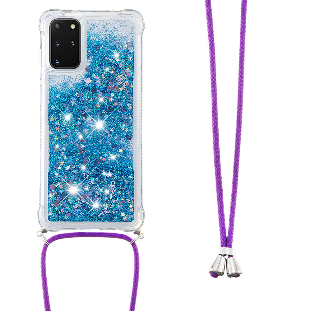 Flowing Glitter Quicksand Flexible TPU Protective Phone Case with Adjustable Lanyard for Samsung Galaxy S20 Plus 4G/5G - Blue Hearts